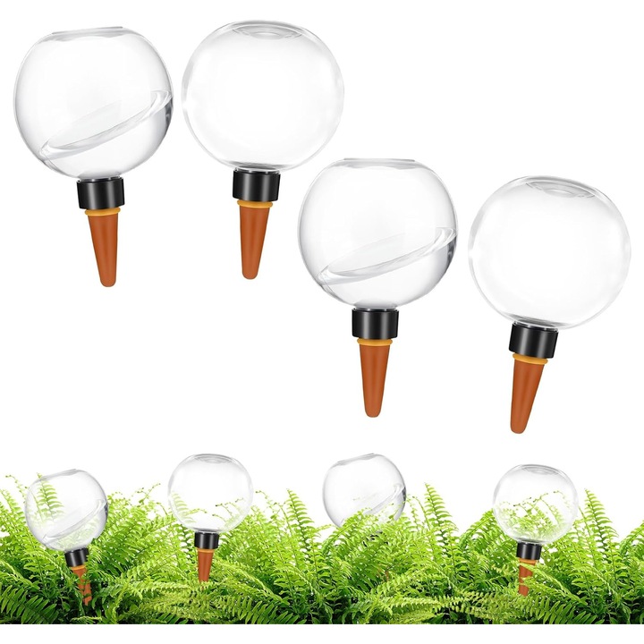 Set 4 bucati, globuri de udare automate pentru plante, 500 ml, varfuri teracota, transparente, reutilizabile, pana la 7 zile, pentru interior/exterior