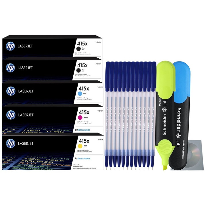Set Cartuse Toner Original HP 415X 2x W2030X Negru, 1x W2031X Cyan, 1x W2032X Magenta, 1x W2033X Galben 33000 pagini cu 12x Pix, 2x Textmarker si CD-R