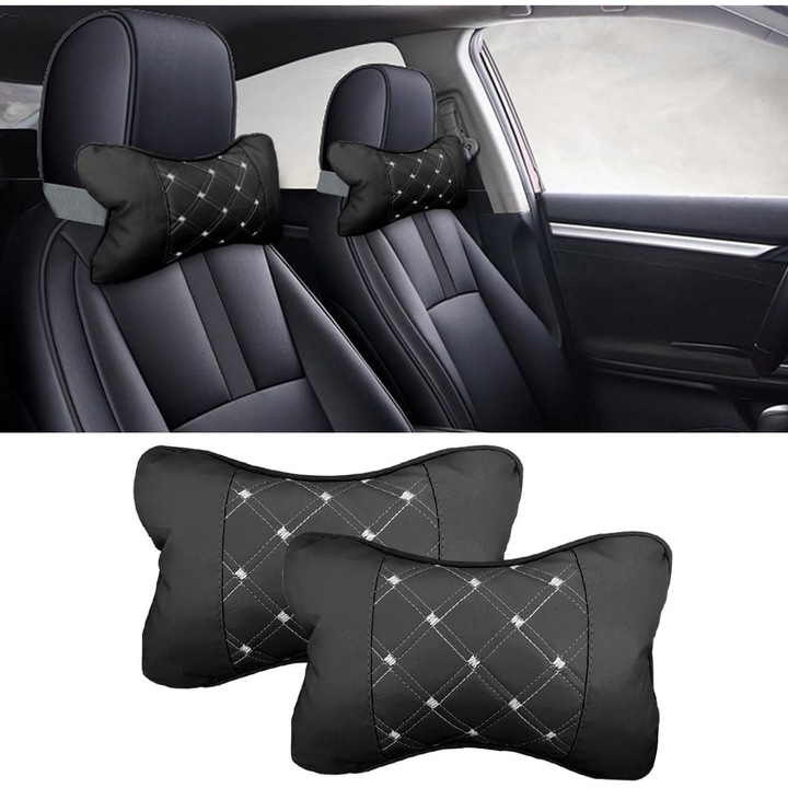 Set 2 bucati, perne cervicale auto / suporturi cervicale pentru scaun, din piele PU si bumbac, respirabile, husa detasabila si lavabila, negru/alb, 28 x 17 cm