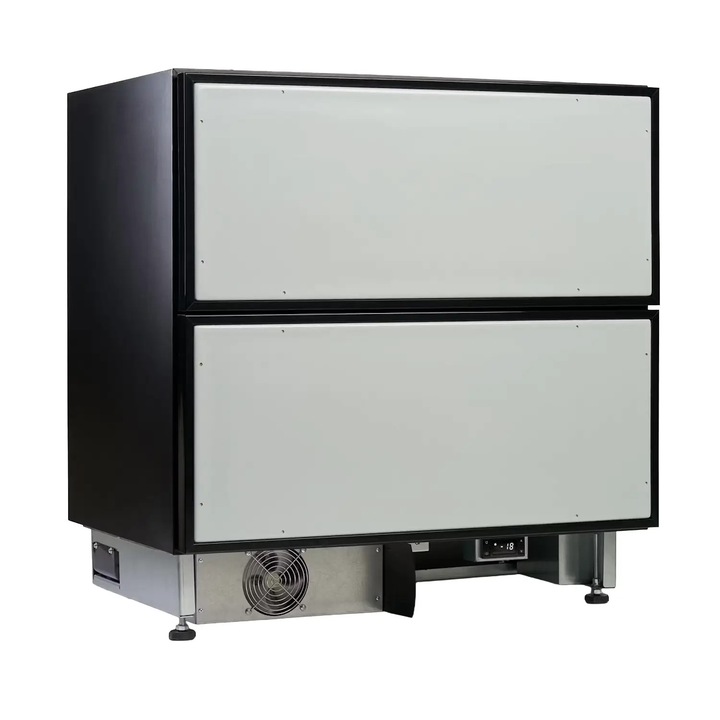 Sertar frigorific incorporabil tip congelator Norcool, potrivit HoReCa/rezidential, 104 litri, 2 compartimente, glisante, temperatura reglabila -18~ -24°C, iluminare interioara LED, dezghetare automata, picioare ajustabile, alarma usa deschisa, inox/negru