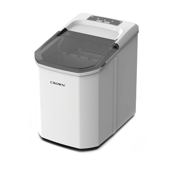 Aparat de facut gheata Crown ICM-525W, Autocuratare, Cuburi gheata mici/mari, Capac transparent, Ciclu 10 minute, 1.5 l, 12 kg gheata/zi, 112 W, Alb