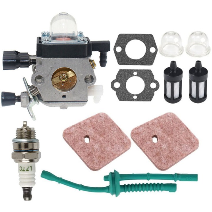 Karburátor kompatibilis HS45/FS38 2-Mix, alkatrészkészlet (tömítések, szűrők, gyújtógyertya, tömlő), állítható levegő-üzemanyag arányhoz és alapjárati fordulatszámhoz, Ezüst, 1 db