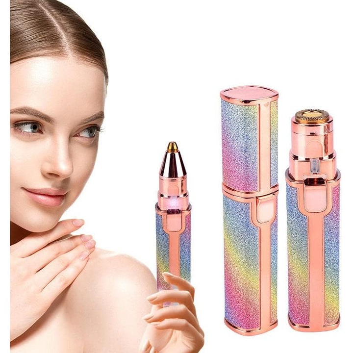 Szemöldök- és arcszőrtelenítő/epilátor, USB-ről tölthető, fájdalommentes érzékeny bőrre, luxus szivárványos csillogó design rose gold részletekkel, Többszínű