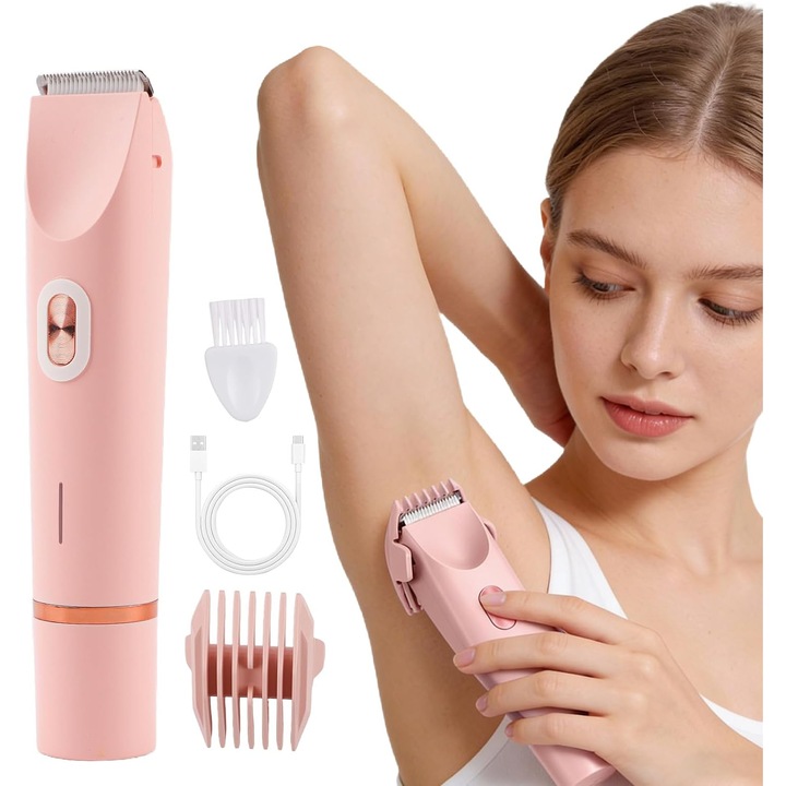 Trimmer/epilátor, dupla cserélhető fej, állítható fésűvel és USB-C töltéssel, vízálló, rózsaszín, 1 db