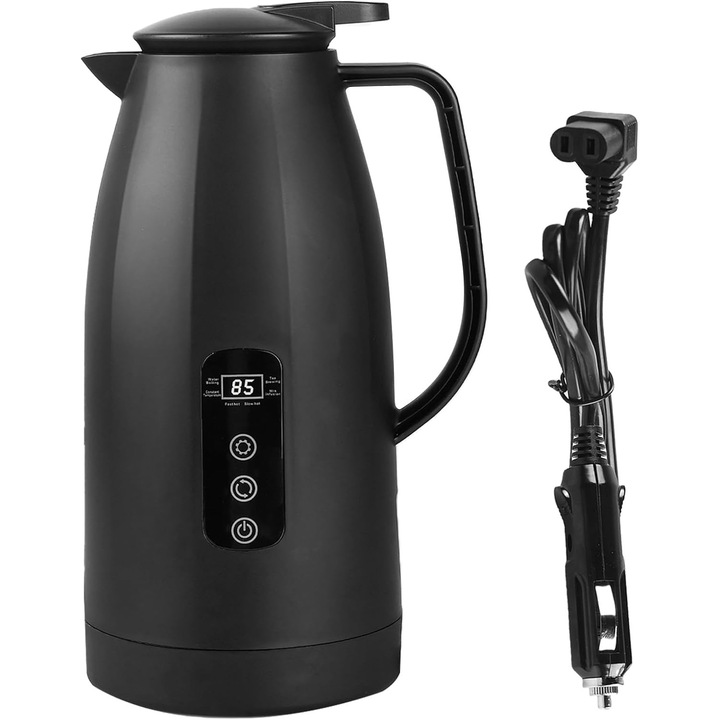 Autós elektromos vízforraló 1200ml rozsdamentes acél fekete digitális 12V 24V