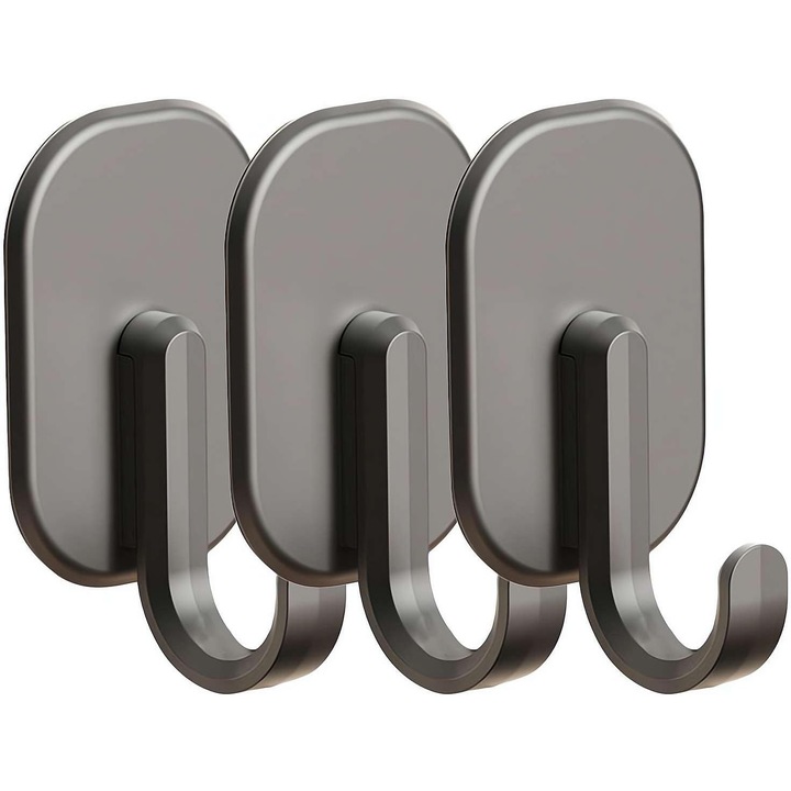 Set 3 carlige magnetice impermeabile, gri inchis, 5x3cm