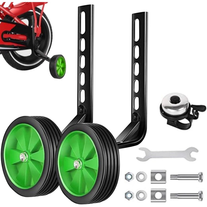 Set roti stabilizatoare (roti ajutatoare) pentru bicicleta, universal ajustabile 12-20 inch, cu clopotel si scule de montaj, roti cauciuc silentioase, negru/verde, 1 set