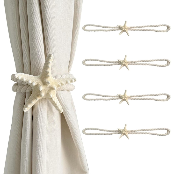 Set 4 bucati, Suporturi/snururi pentru draperii din stea de mare naturala, lucrate manual, rezistente la pete, Alb-crem, 7.5-11.5 cm, funie 50 cm