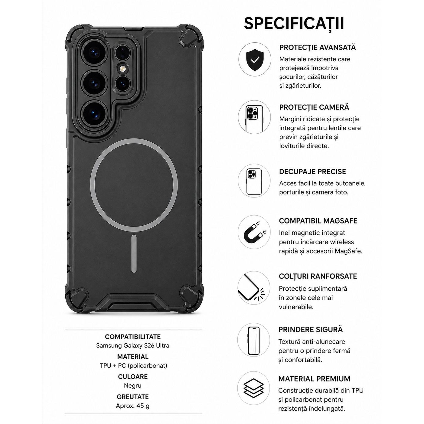 Husa Mat-tech Magnetica Compatibila Samsung Galaxy S26 Ultra, Functia MagSafe, Anti-Soc, Colturi Ranforsate, Protectie Camera, Negru