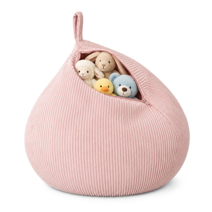 Puf de depozitare jucarii Flumi 2 in 1, sac pentru plusuri, jucarii si textile, material din catifea raiata, fara umplutura, roz, 100x65 cm
