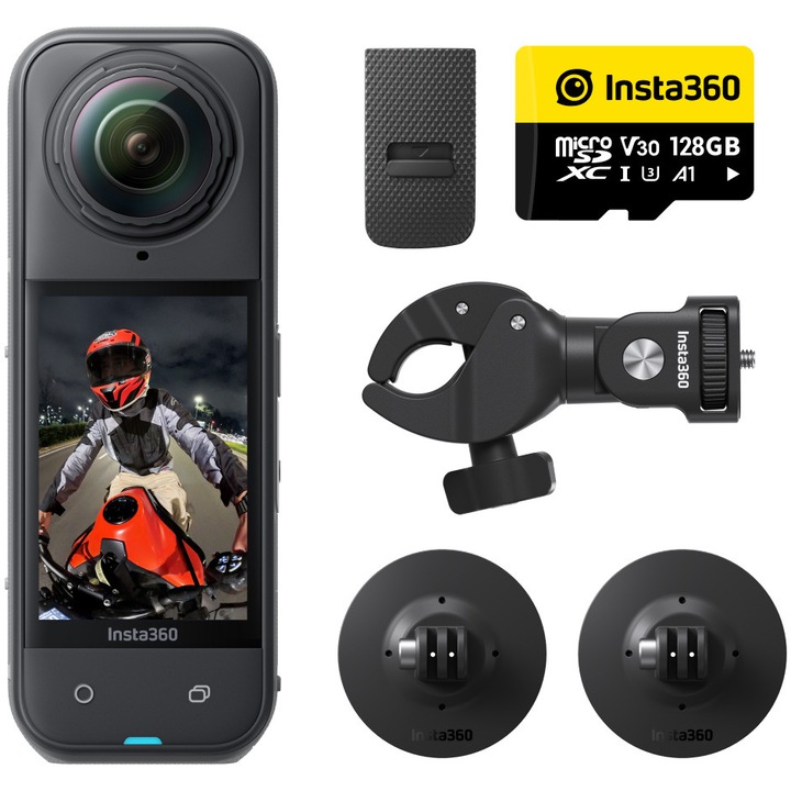 Спортна видеокамера Insta360 X5, 8K, 360°, Комплект за мотоциклет