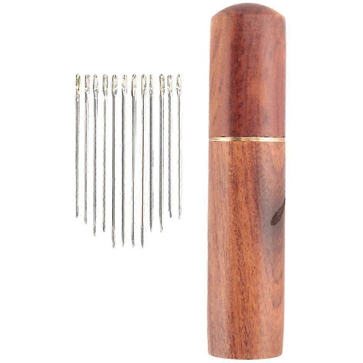 Set 12 bucati, ace de cusut manual/ace de mana, metal, auto-insirare, potrivite pentru piele, denim si bumbac, argintiu/auriu, 42/38/36 mm, cu tub depozitare
