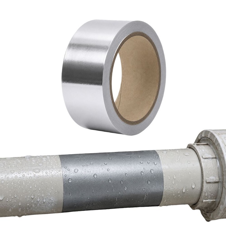 Banda Adeziva Clasica, Polipropilena, Foita De Aluminiu, Adeziv Detasabil, 50mm x 50m, Grosime 0.5mm, Usor de Utilizat, Potrivita pentru Izolare, Lipire Ferma, Rola Simpla, Argintiu