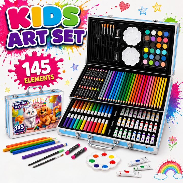 Set Artistic de Pictura si Desen LEWER, 145 Piese, in Valiza Metalica Albastra cu Model Pisica si Catel