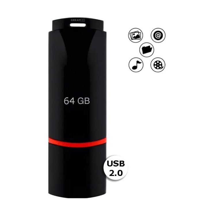 Stick De Memorie USB 2.0 GREATON, Pentru Transfer/Stocare Muzica/Fisiere/Fotografii/Video, Capac Protectie, Capacitate 64 GB, Negru
