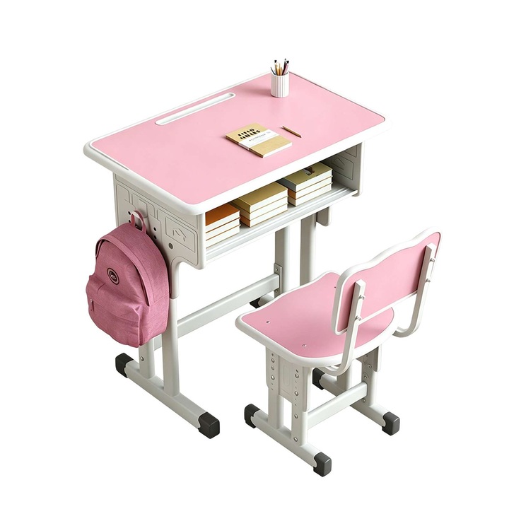 Gyermek íróasztal szett + szék, Zimilo, állítható magasságú asztal és szék, ergonomikus kialakítás, 3 és 18 év közötti gyermekek számára alkalmas, 60x40x66-76 cm, Rózsaszín