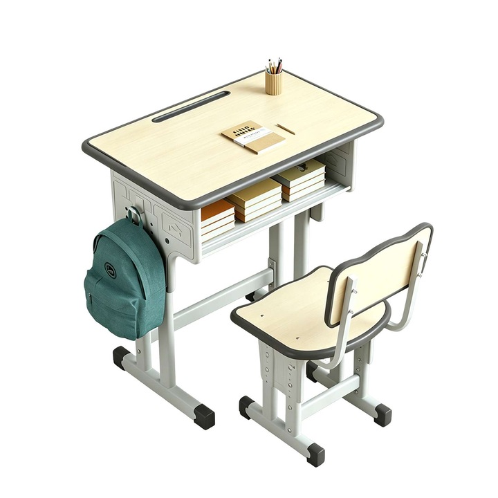 Gyermek íróasztal szett + szék, Zimilo, állítható magasságú asztal és szék, ergonomikus kialakítás, 3 és 18 év közötti gyermekek számára alkalmas, 60x40x66-76 cm, fa barna