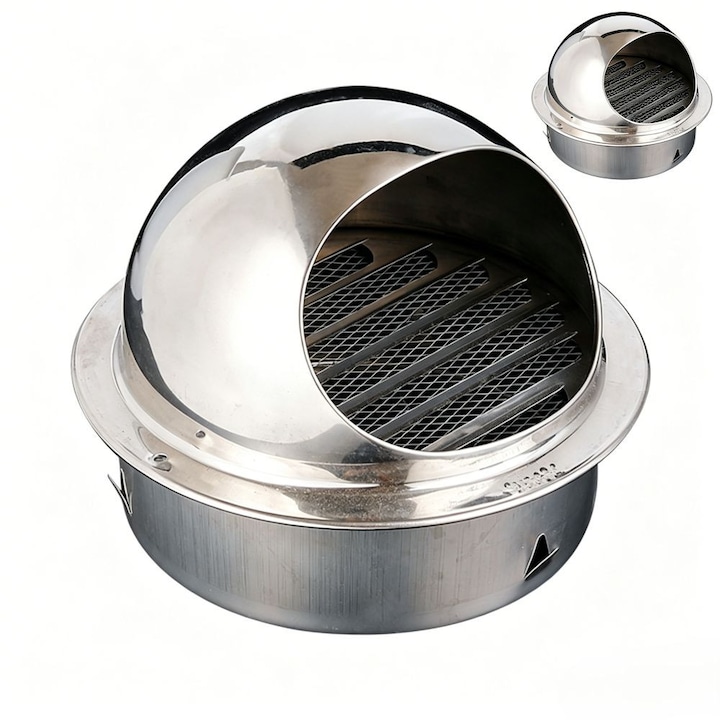 Grilaj de Ventilatie 120 mm, Garsonal®, Rezistent la Intemperii, cu Plasa Antiinsecte, din inox 304, Montare usoara, Argintiu
