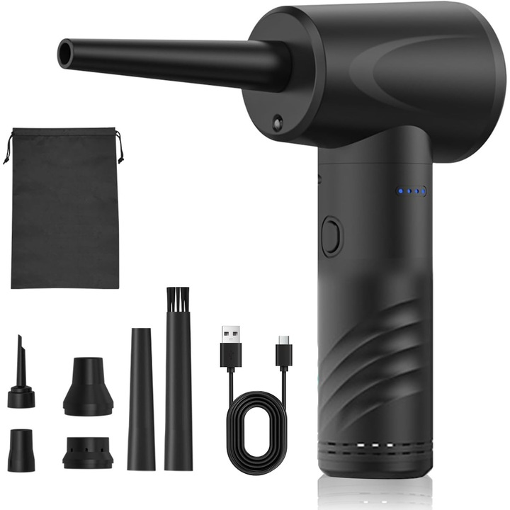 Aspirator portabil fara fir, suflant electric reincarcabil, 53.000 rpm, baterie 6000 mAh, autonomie 28 min, 6 duze incluse, negru, 1 buc