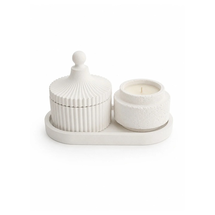 Set decorativ Aura cu lumanare parfumata din ceara naturala de soia, tava si obiect decorativ, Luma Artisanal, Cirese & Vanilie Catifelata
