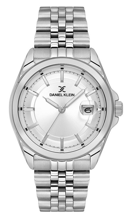 Ceas Barbatesc Quartz Argintiu Daniel Klein DK.6.14205-1, Bratara argintie, Cadran argintiu, Afisare data, 5 ATM