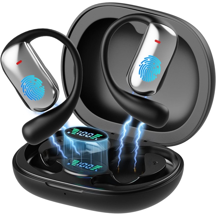Vezeték nélküli in-ear fülhallgató, valós idejű AI fordítás 148 nyelven, Bluetooth 5.1, 90 óra készenléti idő, 400 mAh tok USB-C töltéssel és akkumulátor kijelzővel, Fekete/Ezüst, 1 szett