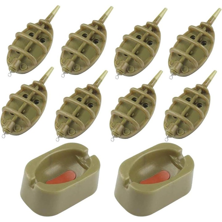 Set 10 bucati, feedere inline/method feeder pentru pescuit crap, 8 greutati 15g/20g/25g/30g/35g/40g/50g/60g, 2 matrite cu eliberare rapida si buton rosu, din fier, maro
