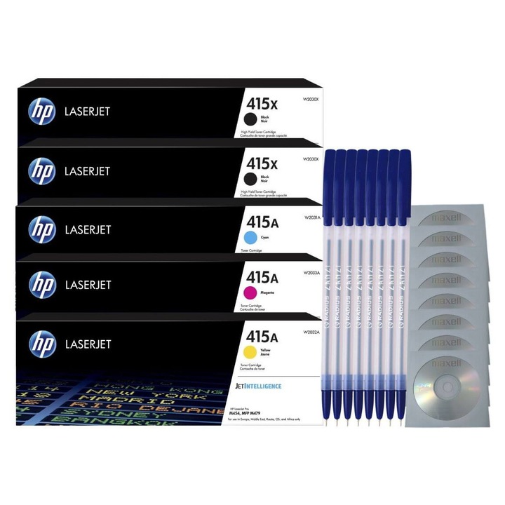 Set Cartuse Toner Original HP 415X 2x W2030X Negru, HP 415A 1x W2031A Cyan, 1x W2032A Magenta, 1x W2033A Galben 21300 pagini cu 8x Pix si 8x CD-R