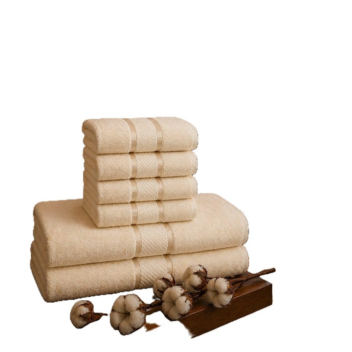 Prémium Fürdőlepedő Szett, 6 db, 100% Fésült Pamut, Ultra-Nedvszívó és Puha, 420 g/m², krém