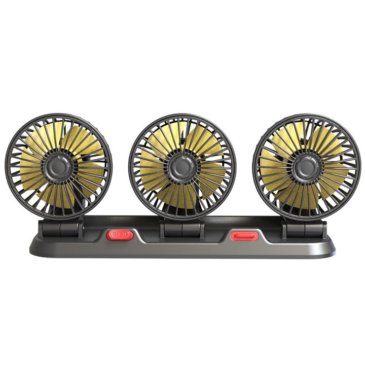 Ventilator auto/ventilator pentru masina 3 capete, rotativ 360°, 12V pentru bricheta, 2 viteze cu reglaj variabil, capete rotative independente, Negru, 1 bucata