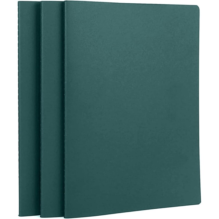 Set 3 bucati, caiete A5 liniate/notebook, coperta kraft personalizabila, hartie crem, 120 pagini (60 foi), verde inchis, 21 x 14.5 cm