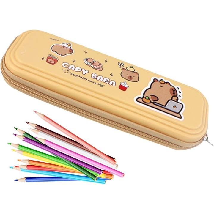Penar/etui Capybara din ABS, capacitate mare, rezistent la socuri si uzura, multifunctional pentru pixuri si rechizite, Bej, 1 buc