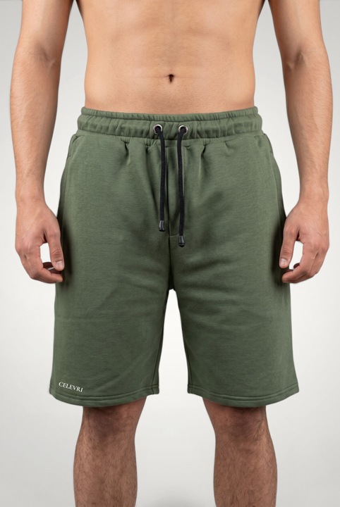 Pantaloni scurti barbati din bumbac, buzunare cu fermoar, Kaki