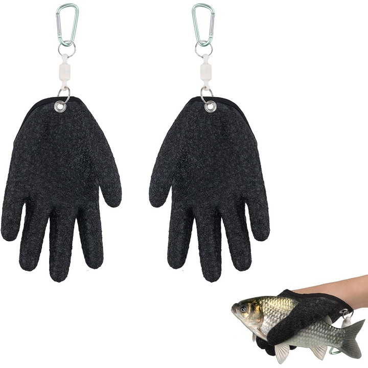 2 db latex és nylon horgászkesztyű szett, csúszásmentes, szúrásálló, mágneses akasztóval, fekete, univerzális méret