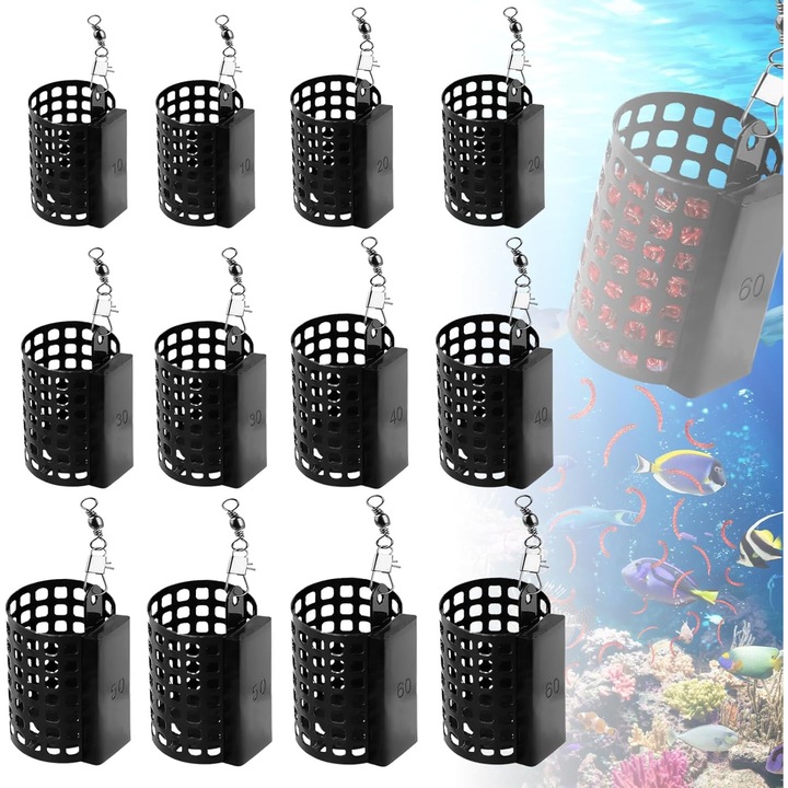 Set 12 x Cosulete feeder metalice (cosulete naditoare) cu greutati si swivel, rezistente la coroziune, fara plumb, negru, 10/20/30/40/50/60 g