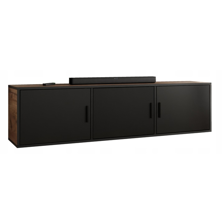 KIER ROJO 3 TV szekrény ajtókkal – laminált PAL nappali bútor, 156x42x38 cm – Craft Arany Tölgy és Fekete