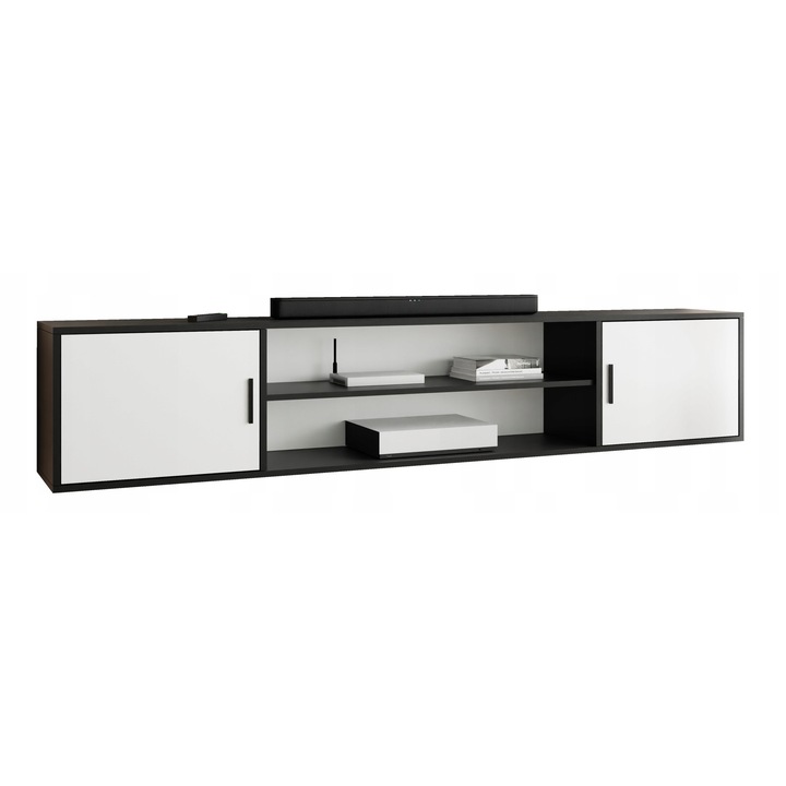 KIER ROJO TV szekrény, 4 nyitott – laminált PAL nappali bútor, 206x42x38 cm – Fehér és Fekete, prémium minőség, saját összeszerelés