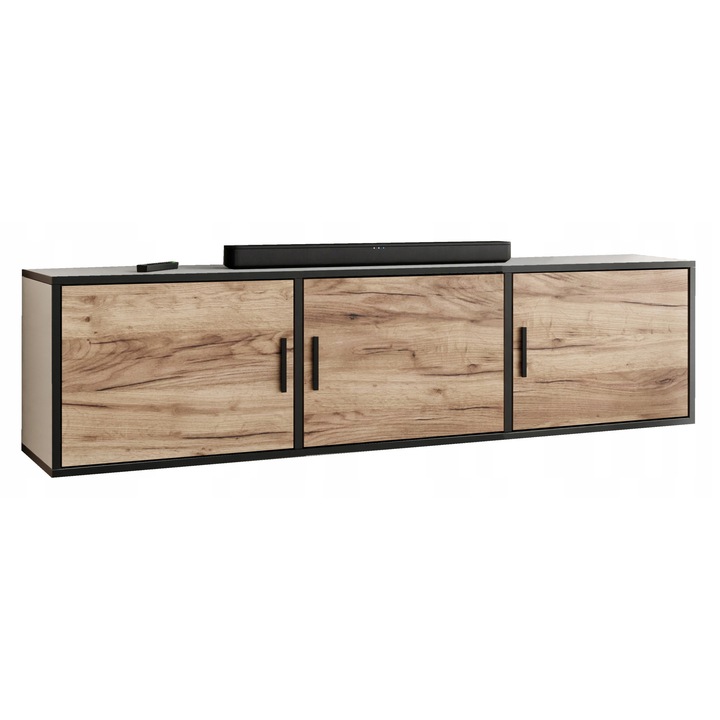 KIER ROJO 3 TV szekrény ajtókkal – laminált PAL nappali bútor, 156x42x38 cm – Fehér és Arany Craft Tölgy
