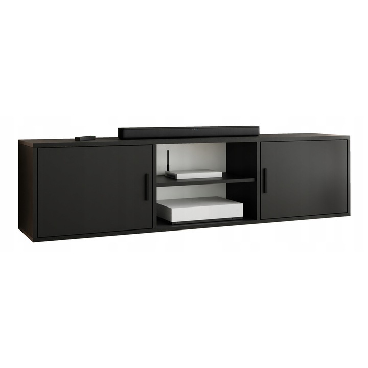 KIER ROJO 3 nyitott TV komód – laminált PAL nappali bútor, 156x42x38 cm – Fekete, prémium minőség, saját összeszerelés
