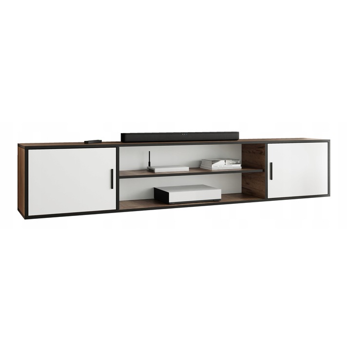 KIER ROJO TV szekrény, 4 nyitott – laminált PAL nappali bútor, 206x42x38 cm – Fehér és Arany Craft Tölgy