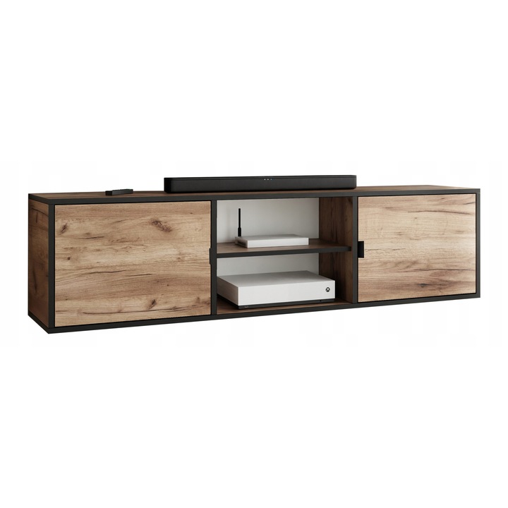 KIER LUNO 3 nyitott TV komód – laminált PAL nappali bútor, 156x42x38 cm – Arany Craft Tölgy és Fekete