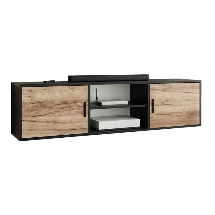 KIER ROJO 3 nyitott TV szekrény – laminált forgácslap nappali bútor, 156x42x38 cm – Craft Arany Tölgy és Fekete