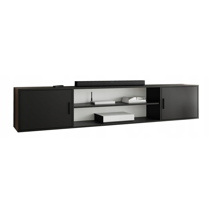 KIER ROJO TV szekrény 4 nyitott rekesszel – laminált PAL nappali bútor, 206x42x38 cm – Fekete, prémium minőség, saját összeszerelés