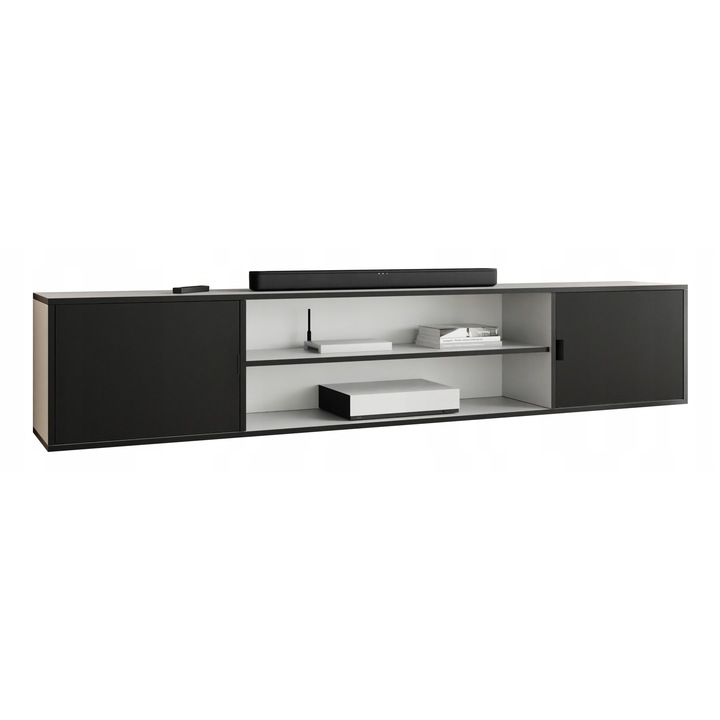 KIER LUNO 4 nyitott TV komód – laminált PAL nappali bútor, 206x42x38 cm – Fehér és Fekete, prémium minőség, saját összeszerelés