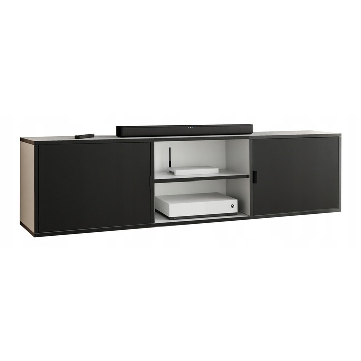 KIER LUNO 3 nyitott TV szekrény – laminált PAL nappali bútor, 156x42x38 cm – Fehér és Fekete, prémium minőség, saját összeszerelés