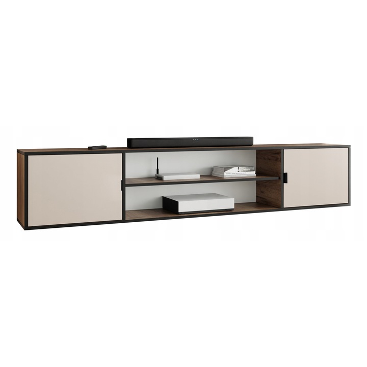 KIER LUNO 4 nyitott TV szekrény – laminált PAL nappali bútor, 206x42x38 cm – Craft Arany Tölgy és Fekete