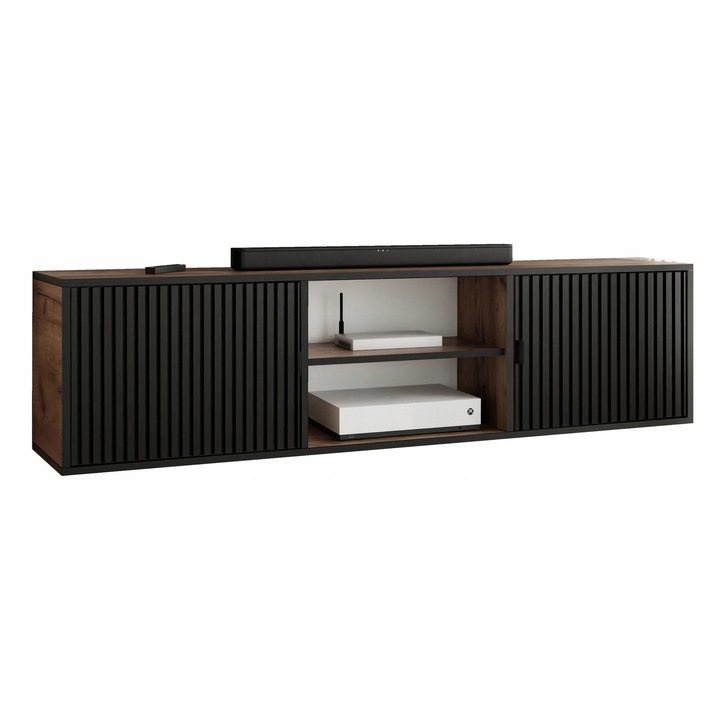 KIER ELI 3 nyitott TV komód – laminált PAL nappali bútor, 156x42x38 cm – Craft Arany Tölgy és Fekete