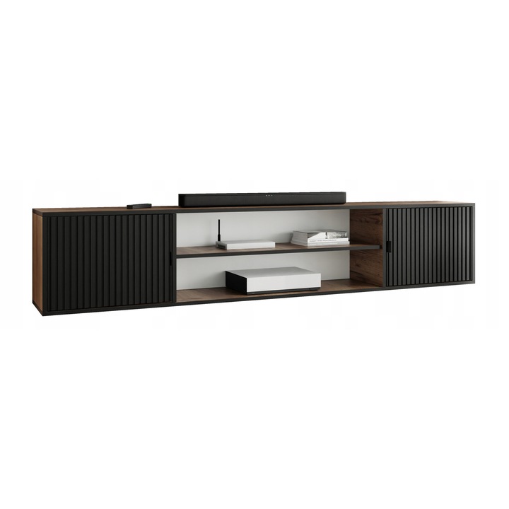 KIER ELI 4 nyitott TV komód – laminált PAL nappali bútor, 206x42x38 cm – Craft Arany Tölgy és Fekete