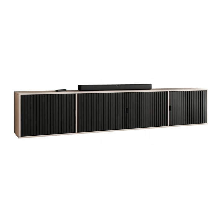 KIER ELI 4 TV szekrény ajtókkal – laminált PAL nappali bútor, 206x42x38 cm – Fekete, prémium minőség, saját összeszerelés