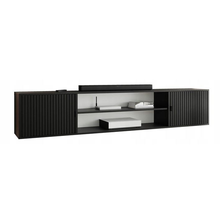 KIER ELI 4 nyitott TV szekrény – laminált PAL nappali bútor, 206x42x38 cm – Fekete, prémium minőség, saját összeszerelés